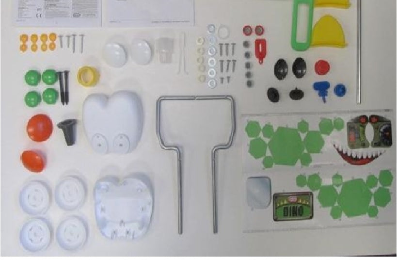 Hardware Pack: Screws. Wireform Bushing. Washer. Spacer.White Hubcap. Tophat Tool. Wireform Right/Left.Horn Bellows. Retaining Clip. Headlights(2). Center Cap(4). Fastener(2). Axle Cap(2).Tophat (5).Latch (1). Key Clicker (1). Key Clicker Housing. Black E